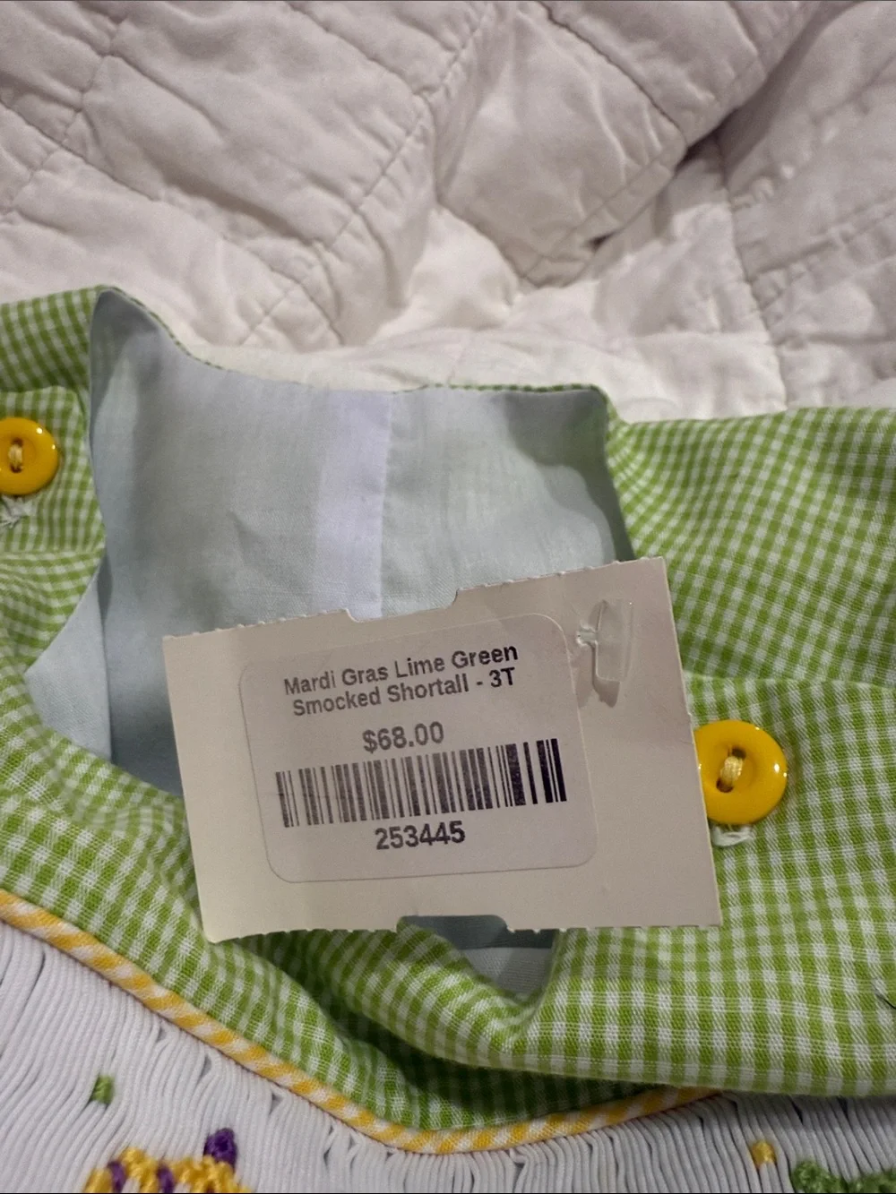 Light Green Gingham Kids Pajama Bottoms with Yellow Button Detail